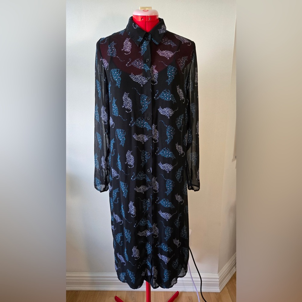 Modcloth Black and Blue Patterned Long Sleeve Dress